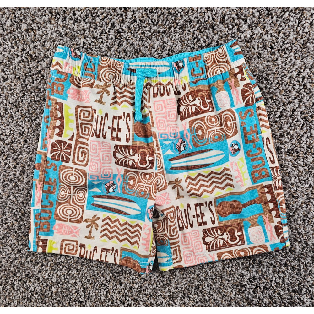 Buc-ee's Tiki Swim Shorts Boys Sz S Swimsuit Colorful Print